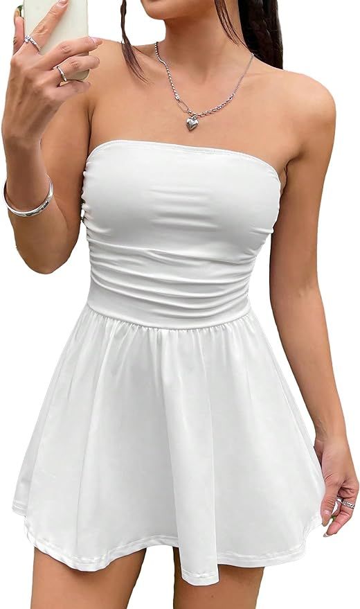 MakeMeChic Women's Solid Strapless Sleeveless Summer Tube Prom Dress Ruched A Line Swing Mini Sho... | Amazon (US)