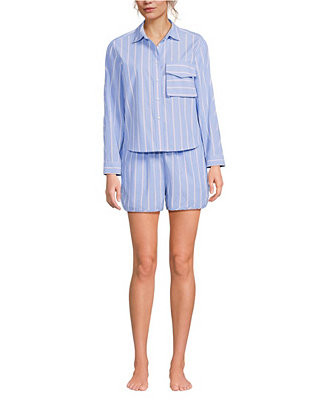Women's Cotton Poplin 2 Piece Pajama Set - Long Sleeve Top and Shorts with Piping | Macy's