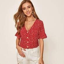Ditsy Floral Print Flounce Sleeve Button Front Top | SHEIN