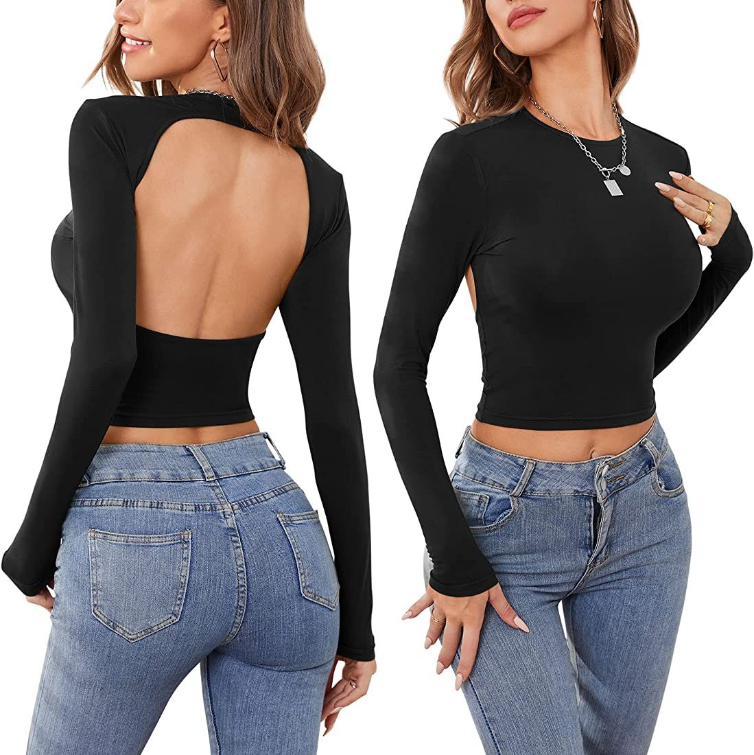 DIRASS Women Backless Long Sleeve Crop Tops Y2K Shirts Sexy Slim Fit Cut Out Open Back Casual Spr... | Amazon (US)