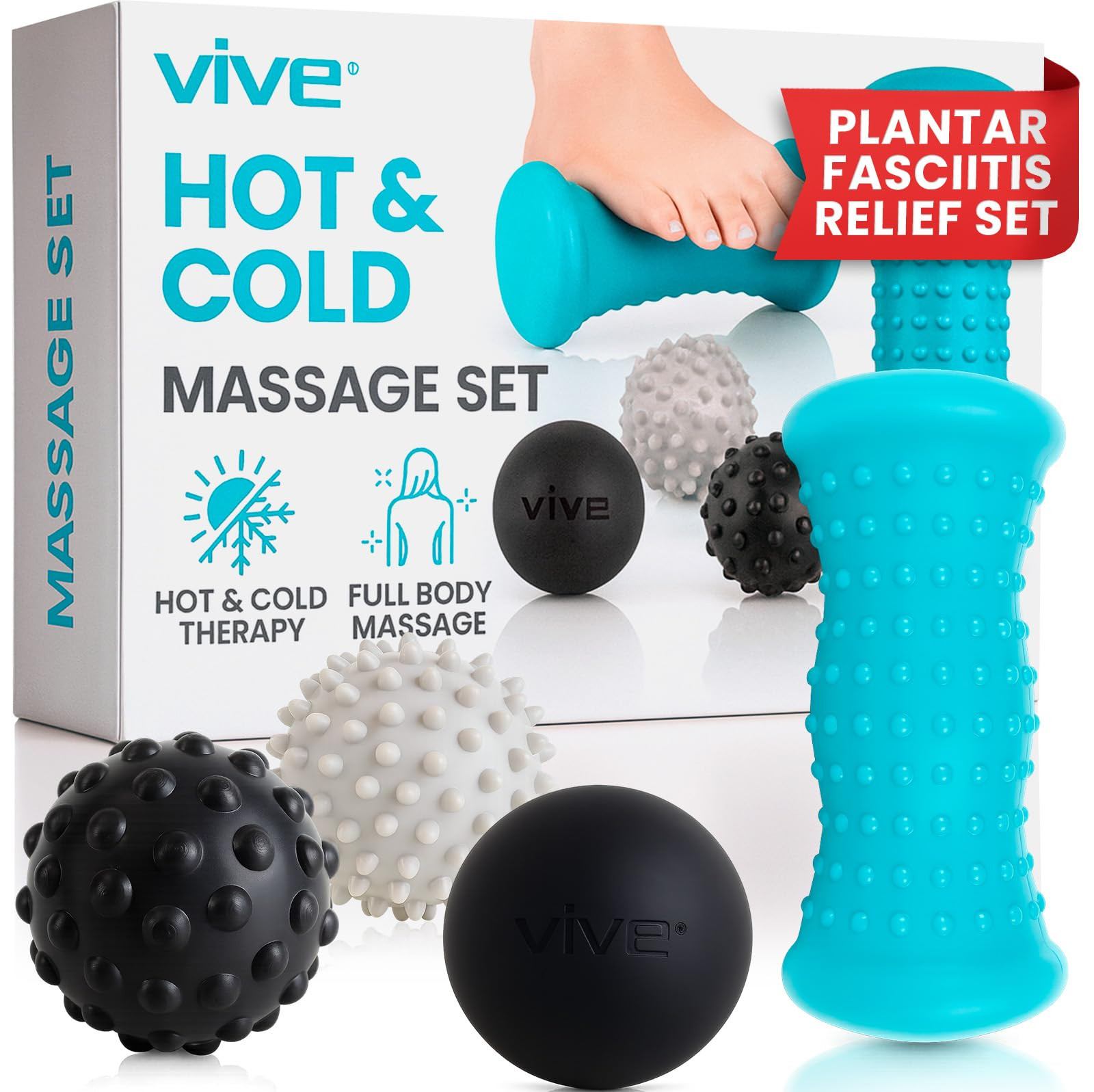 Vive Massage Ball Set (4 Piece) - Plantar Fasciitis Relief Foot Pain Hot Cold Therapy - Heel Spur, Sore Muscle, Trigger Point, Back, Arm, Neck, Shoulder, Leg Circulation Roller | Amazon (US)