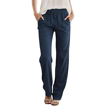 SEMARO Womens Casual Linen High Waist Pants Drawstring Loose Fit Summer Pants Trousers with Side ... | Amazon (US)