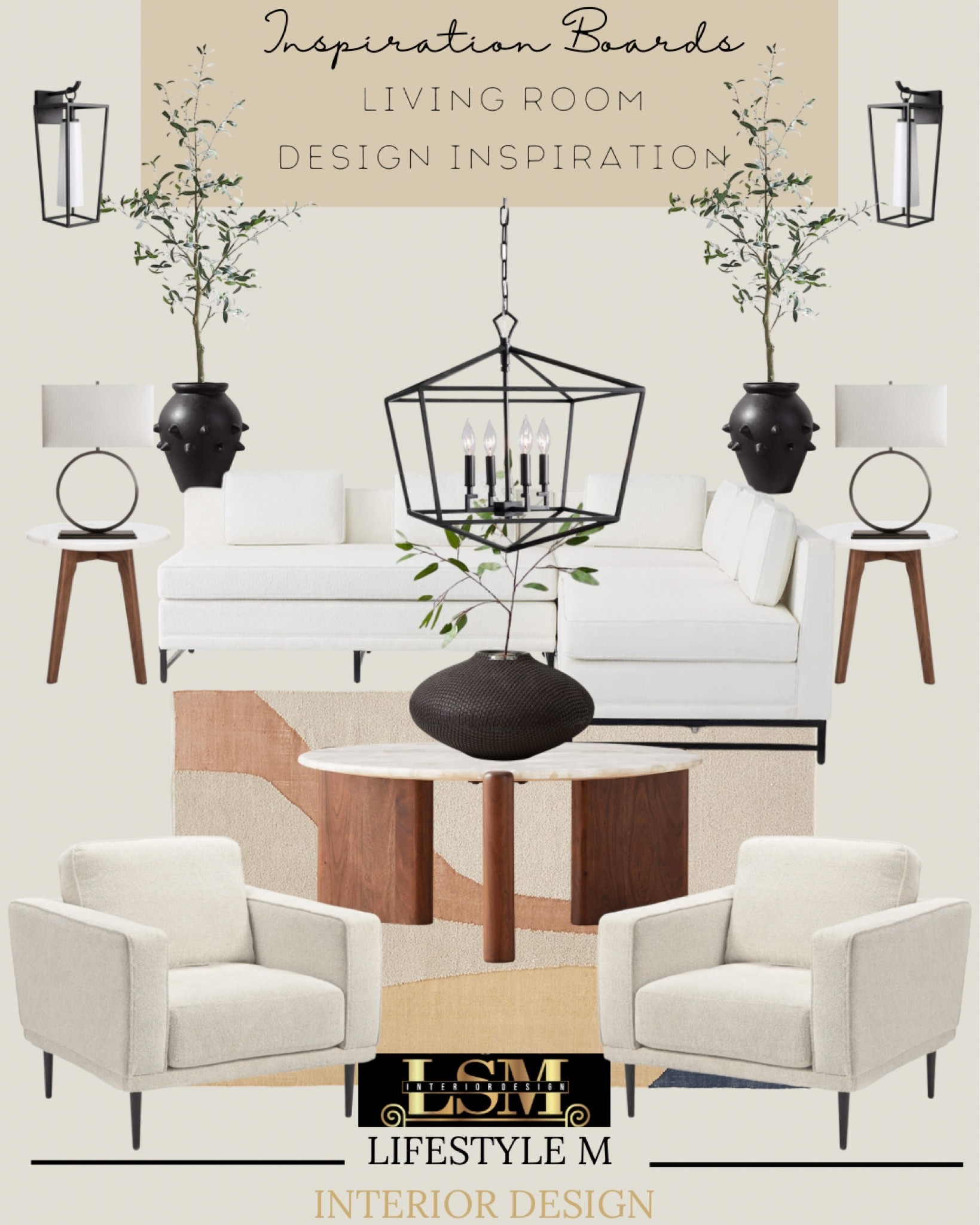 Living room design inspiration. Recreate the look at home for transitional and modern farmhouse style homes. White sectional sofa, white accent chairs, living room rugs, walnut wood coffee tables, walnut wood end tables, black table vase, table lamps, lantern pendant lights, wall sconce lights, black planters, faux olive tree.

#LTKSeasonal #LTKstyletip #LTKhome