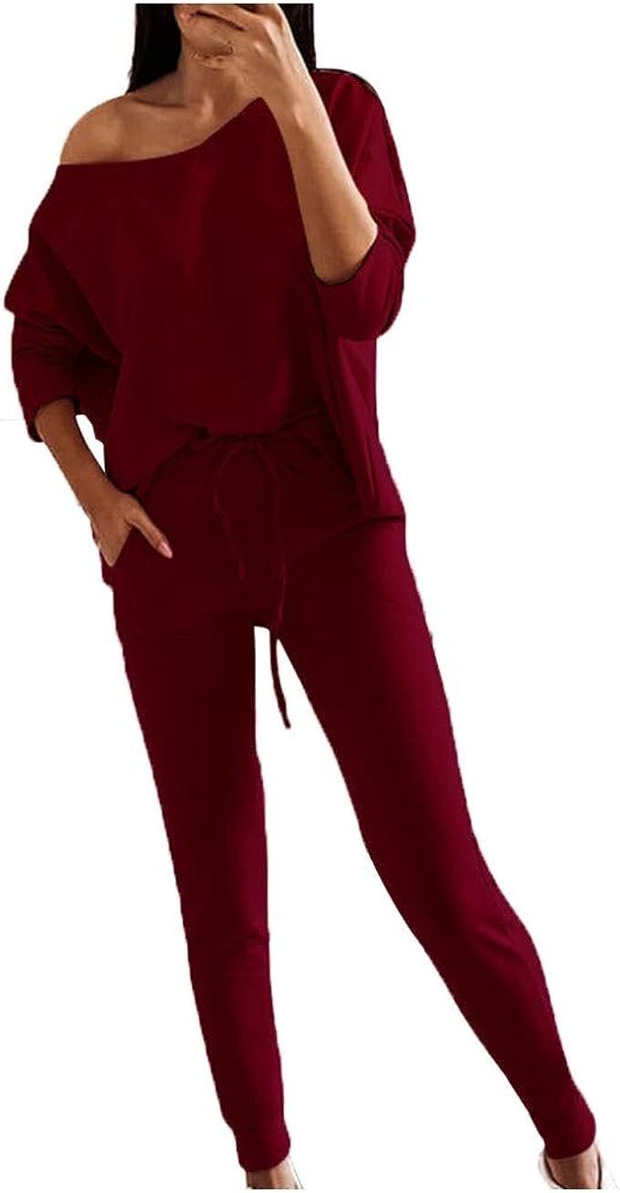 WUAI-Women Off Shoulder Two Piece Outfits Long Sleeve Crop Top Sweatpants Casual Jogger Sweatsuit... | Amazon (US)