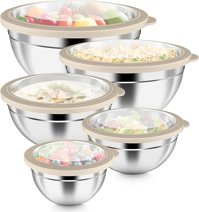 P&P CHEF Mixing Bowls with Visible Airtight Lids Set of 5, 10-Piece Stainless Steel Mixing Nestin... | Amazon (US)