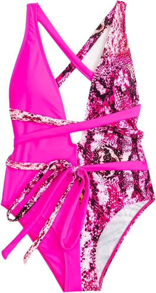 Women's Sexy Bathing Suits Criss Cross Tie Knot Front Deep V Open Back Leopard One Piece Swimwear | Amazon (US)