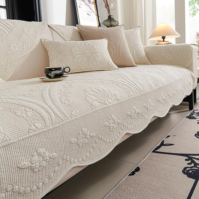 vctops Cotton Quilted Couch Cover Farmhouse Counrty Floral Embroidered Sofa Cover Non Slip Soft S... | Amazon (US)