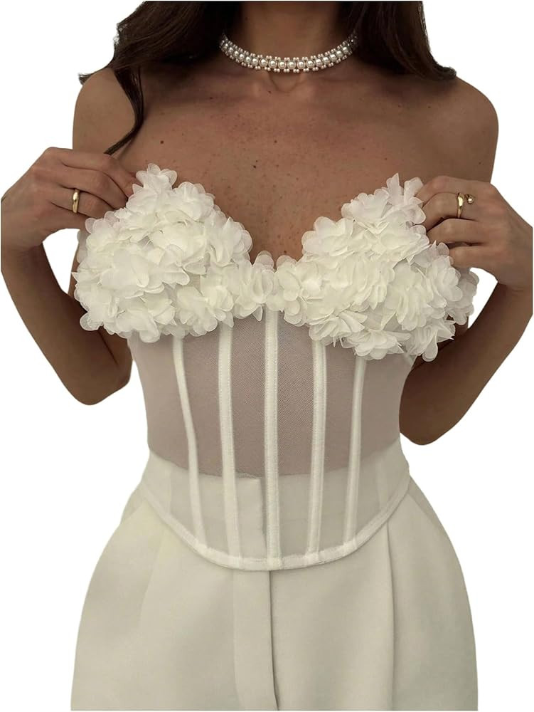 MakeMeChic Women's 3D Flower Sheer Strapless Tube Crop Tops Sleeveless Going Out Bustier Corset T... | Amazon (US)