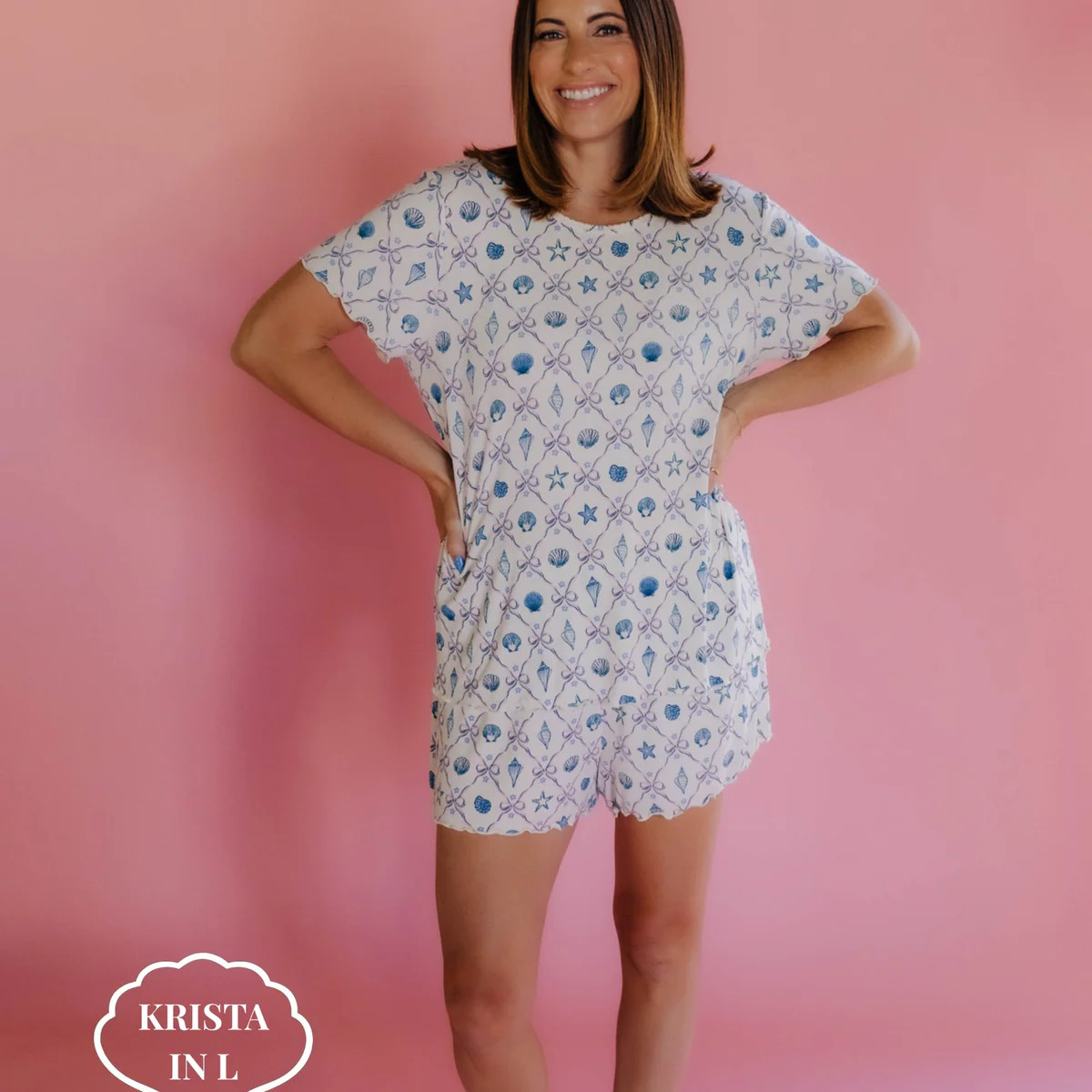 Adult Short Sleeve & Shorts Seashell Bow Ribbed PJ Set | Staykation