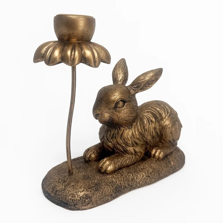 Lying Bunny and Flower Taper Candle Holder, Bronze, 5.75", by My Texas House | Walmart (US)