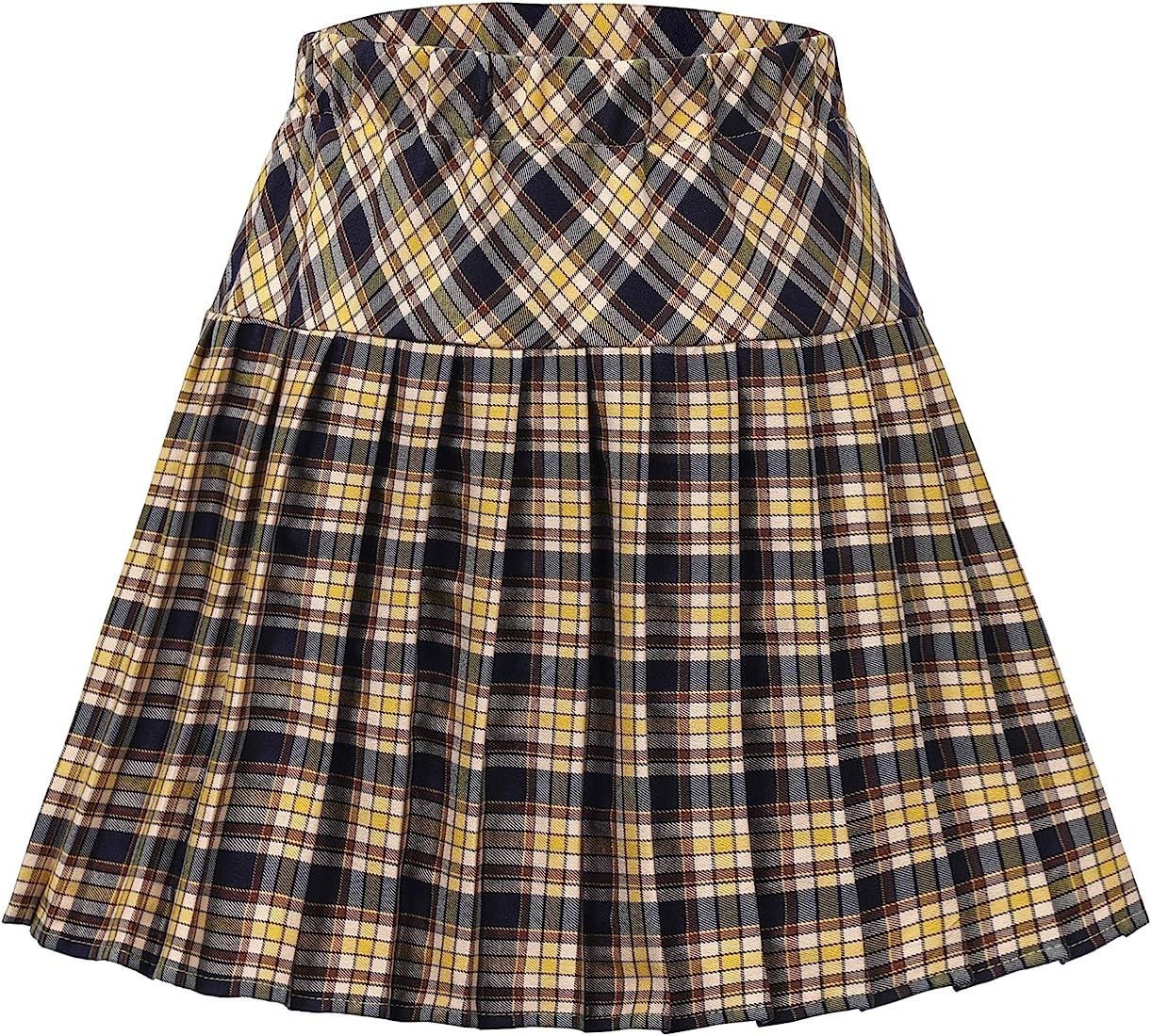 EXCHIC Women's Tartan Elastic Waist Pleated Plaid Skirt Skater Tennis School Mini Skirts | Amazon (US)