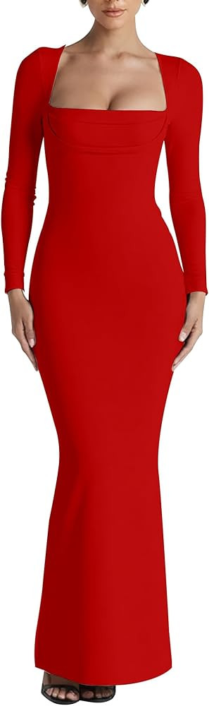 Kaximil Women's Sexy Long Sleeve Square Neck Bodycon Maxi Dress Split Cocktail Formal Long Dresse... | Amazon (US)