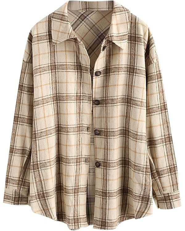 ZAFUL Womens Flannel Shacket Jacket Casual Plaid Wool Blend Button Down Long Sleeve Shirt 2024 Fa... | Amazon (US)