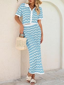 Saodimallsu Women Striped Beach Cover Up Set Button Short Sleeve Collared Crop Top Maxi Skirt Cro... | Amazon (US)