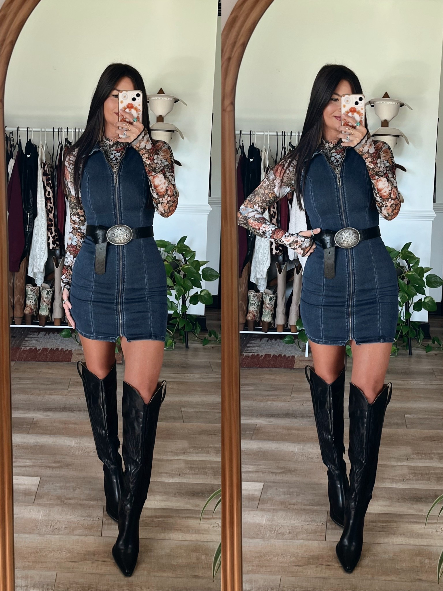 Dark wash denim mini dress paired with floral long sleeve top and black knee high boots for fall! Code “lori20” to save on top & code “lorig30” to save on boots! 

#LTKStyleTip #LTKPetite #LTKSeasonal