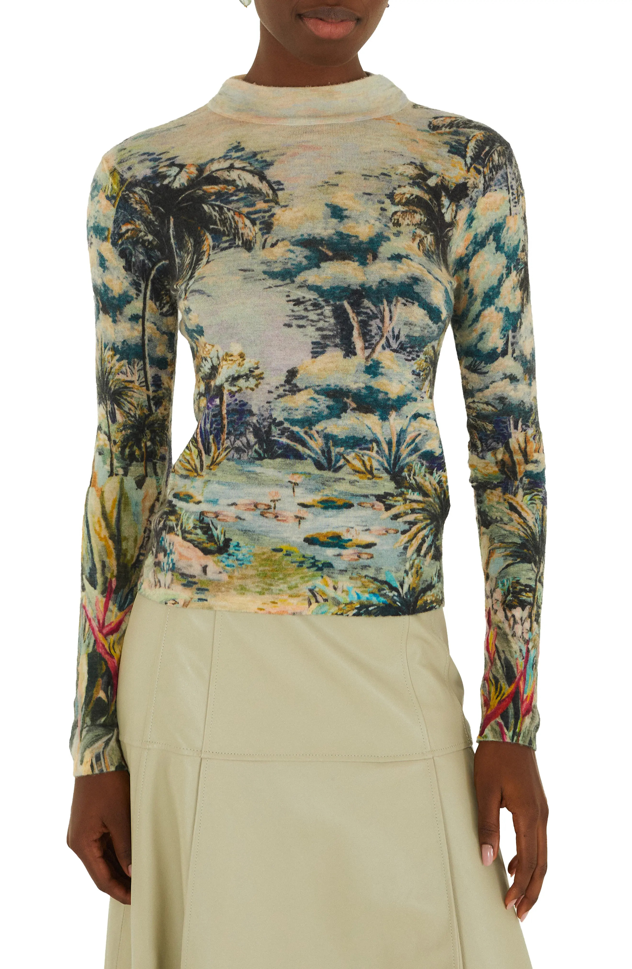 FARM Rio Petricor Mock Neck Long Sleeve Knit Top in Green at Nordstrom, Size Medium | Nordstrom