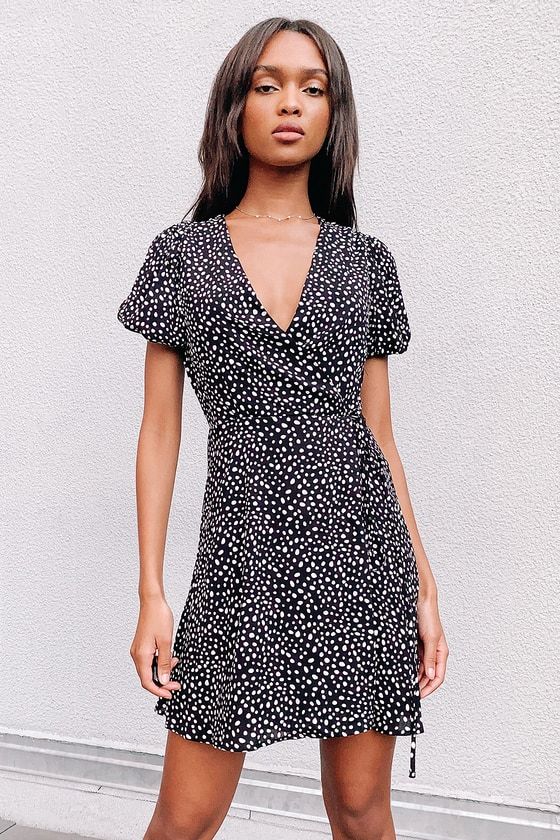 Your Favorite One Black Dot Print Puff Sleeve Wrap Mini Dress | Lulus (US)