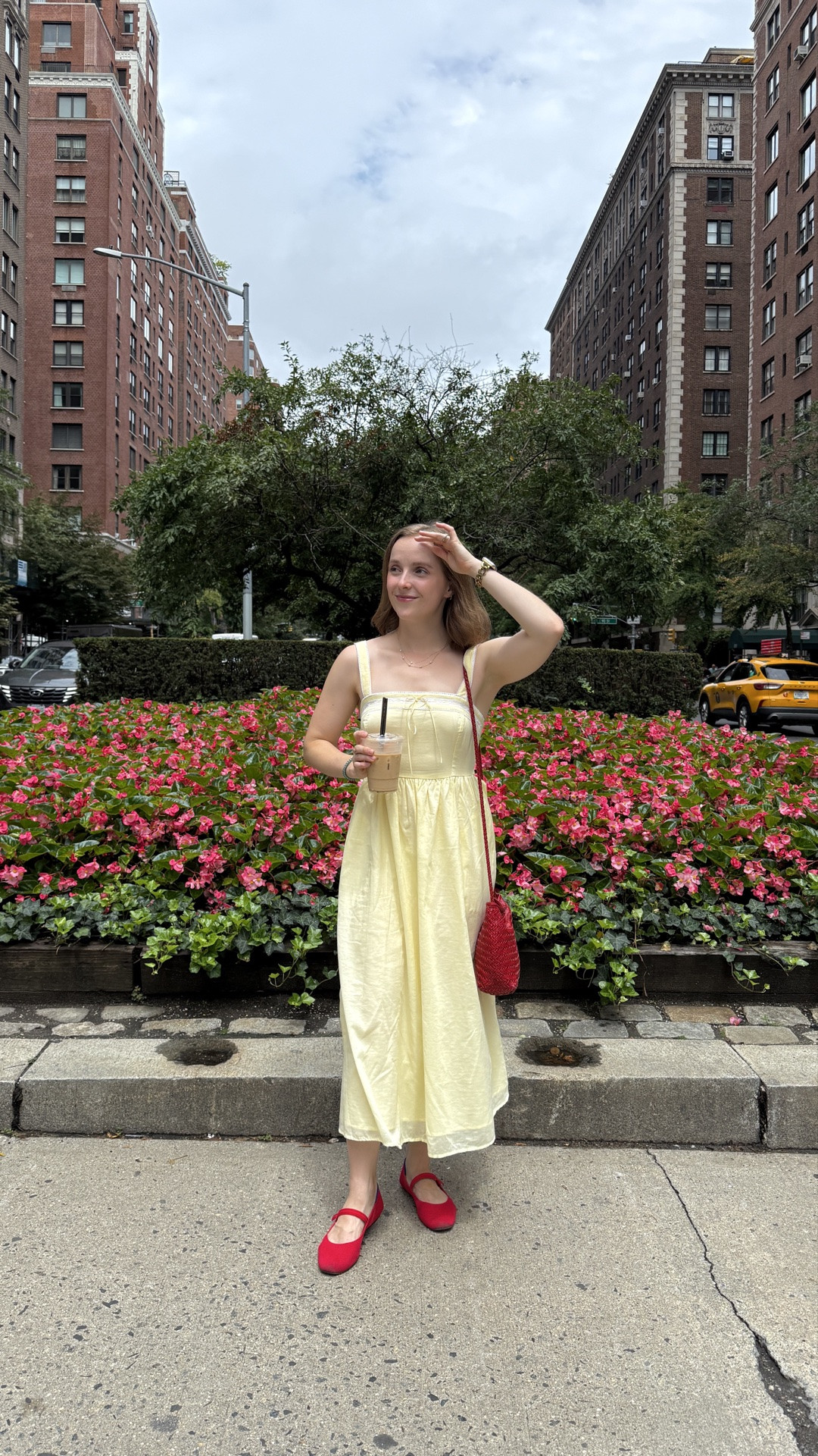 NYC outfit of the day 
Butter yellow cotton dress lined w/ pockets wearing 0 petite