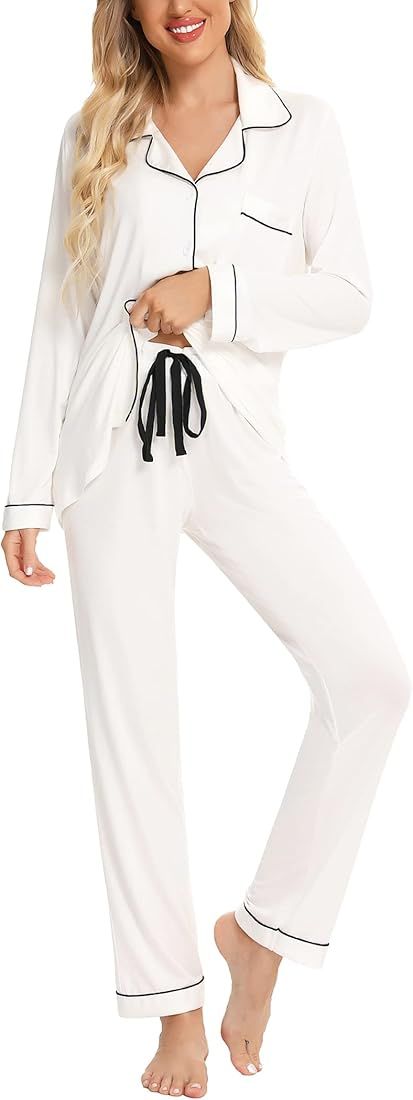 Leikar Button Up Pajama Set For Women Long Sleeve Shirt and Pajama Pants Soft Pjs Lounge Sets S-XXL | Amazon (US)