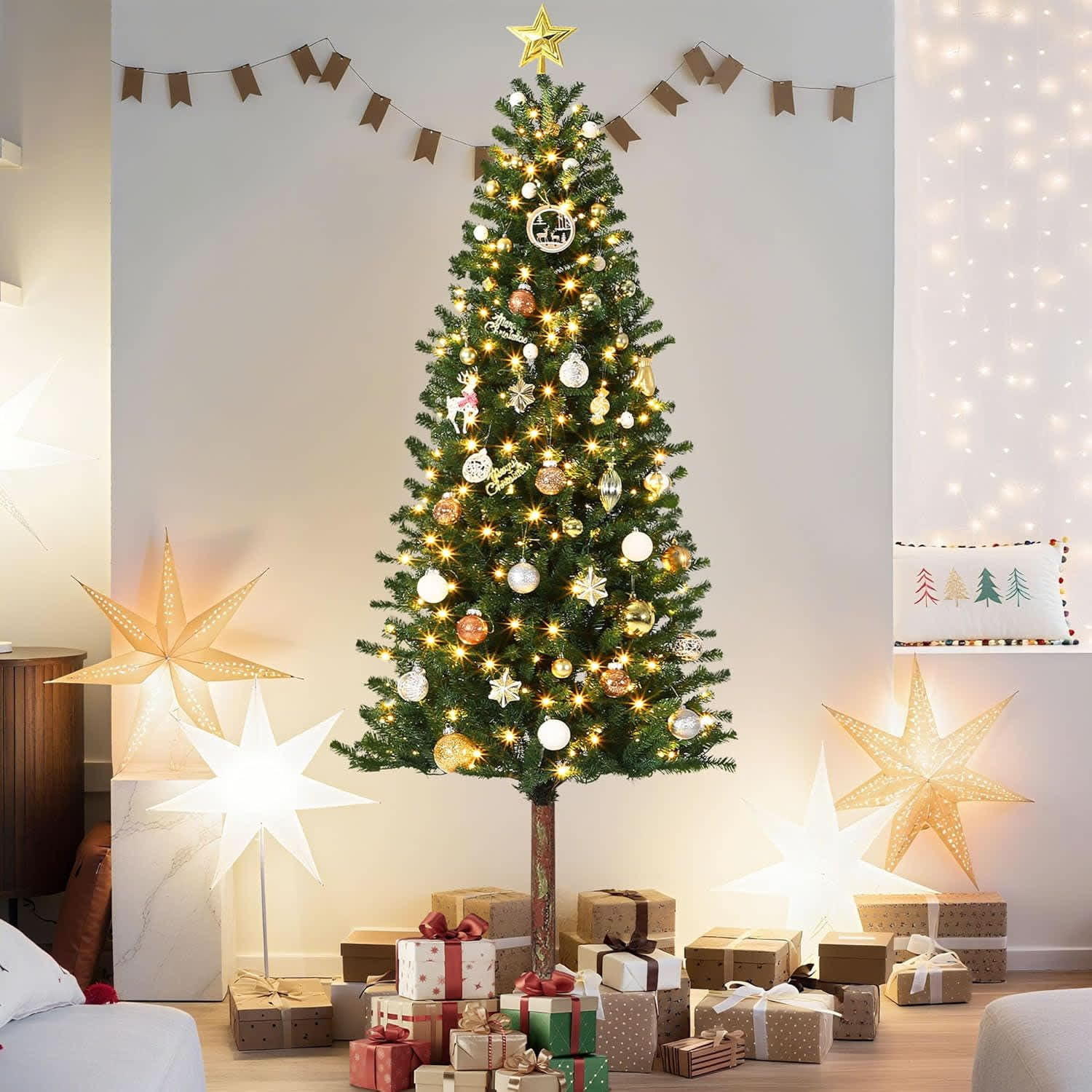 Garvee 7.5ft Prelit Artificial Christmas Tree With Lights Slim Pencil Xmas Tree With LED Pre-Lit 6 Ft Christmas Tree With Twinkle Warm White Lights | Lowe's