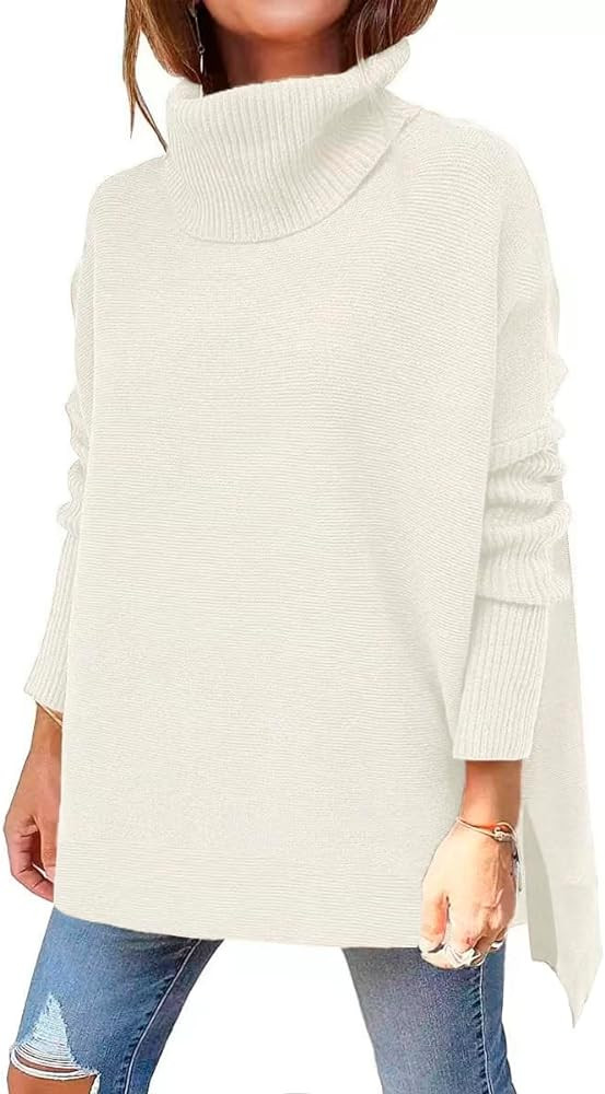 Women's Turtleneck Oversized Sweaters Long Sleeve Split Hem Striped Knit Pullover Tops | Amazon (US)