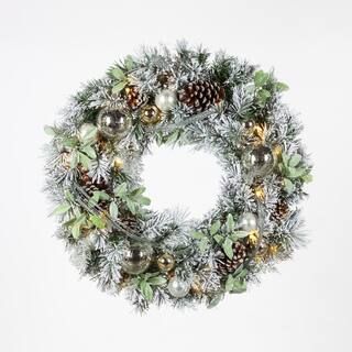 Home Accents Holiday 30 in Prelit Snowy Silver Pine Wreath 2452530HDC - The Home Depot | The Home Depot