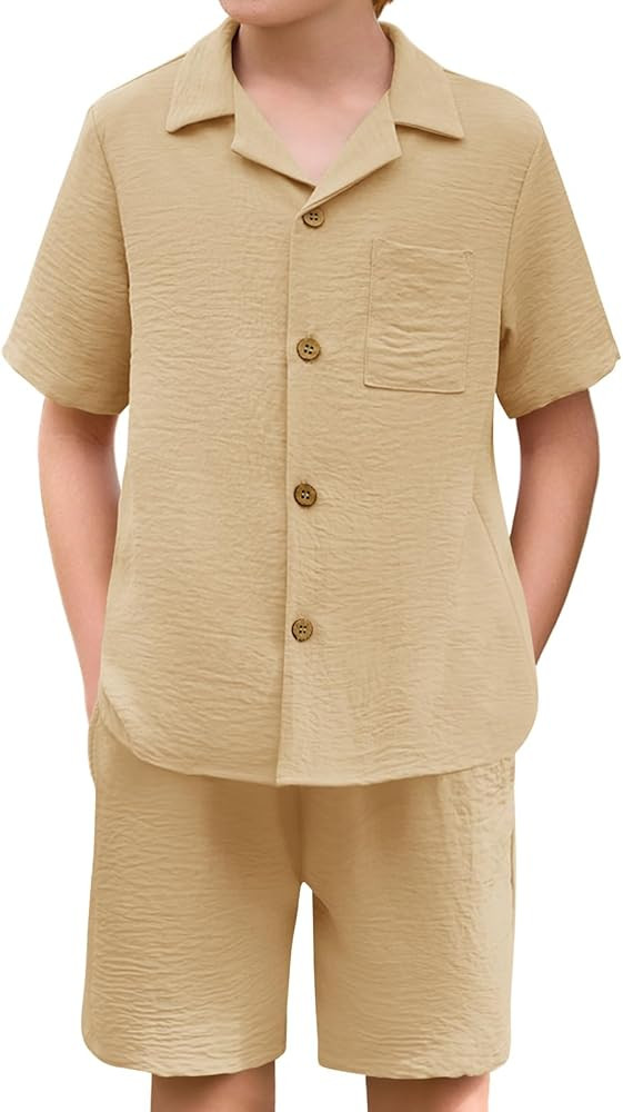 Haloumoning Boys 2 Pieces Summer Outfits Beach Short Sleeve Button Down Shirts and Shorts Vacatio... | Amazon (US)