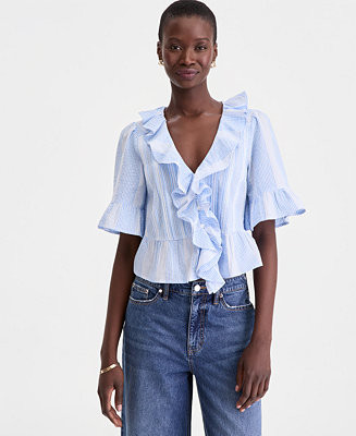 On 34th Women's Short Sleeve Ruffle-Front Cotton Blouse, Macy's Exclusive   - Macy's | Macy's