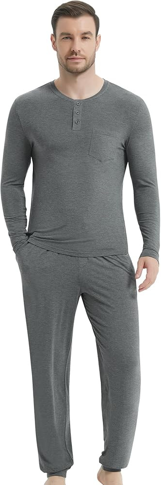 NACHILA Mens Pajamas Set Long Sleeve Henley Sleepwear Top Soft Jogger Pants Pajamas Cool Pjs Set,... | Amazon (US)
