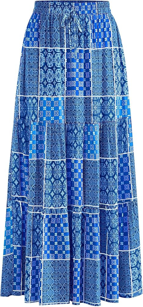 KIRUNDO Womens Boho Floral Maxi Midi Skirt 2025 Summer Trendy Elastic Waist Pleated Aline Flowy L... | Amazon (US)