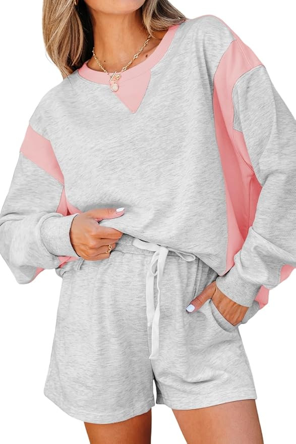 KevaMolly Women Color Block Raw Hem 2 Piece Pullover Lounge Set | Soft cotton blend fabric, relax... | Amazon (US)