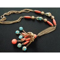 Classic Vintage Gold Tone 3-strand Chain Necklace with Ornate Dangle Fringe Tassel Chandelier Pendant Blue Turquoise Salmon Coral Glass Beads | Etsy (US)