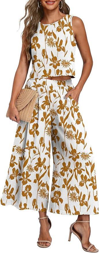 Lepunuo Womens Summer 2 Piece Outfits Sleeveless Crop Top Flowy Wide Leg Pants Matching Sets Vaca... | Amazon (US)