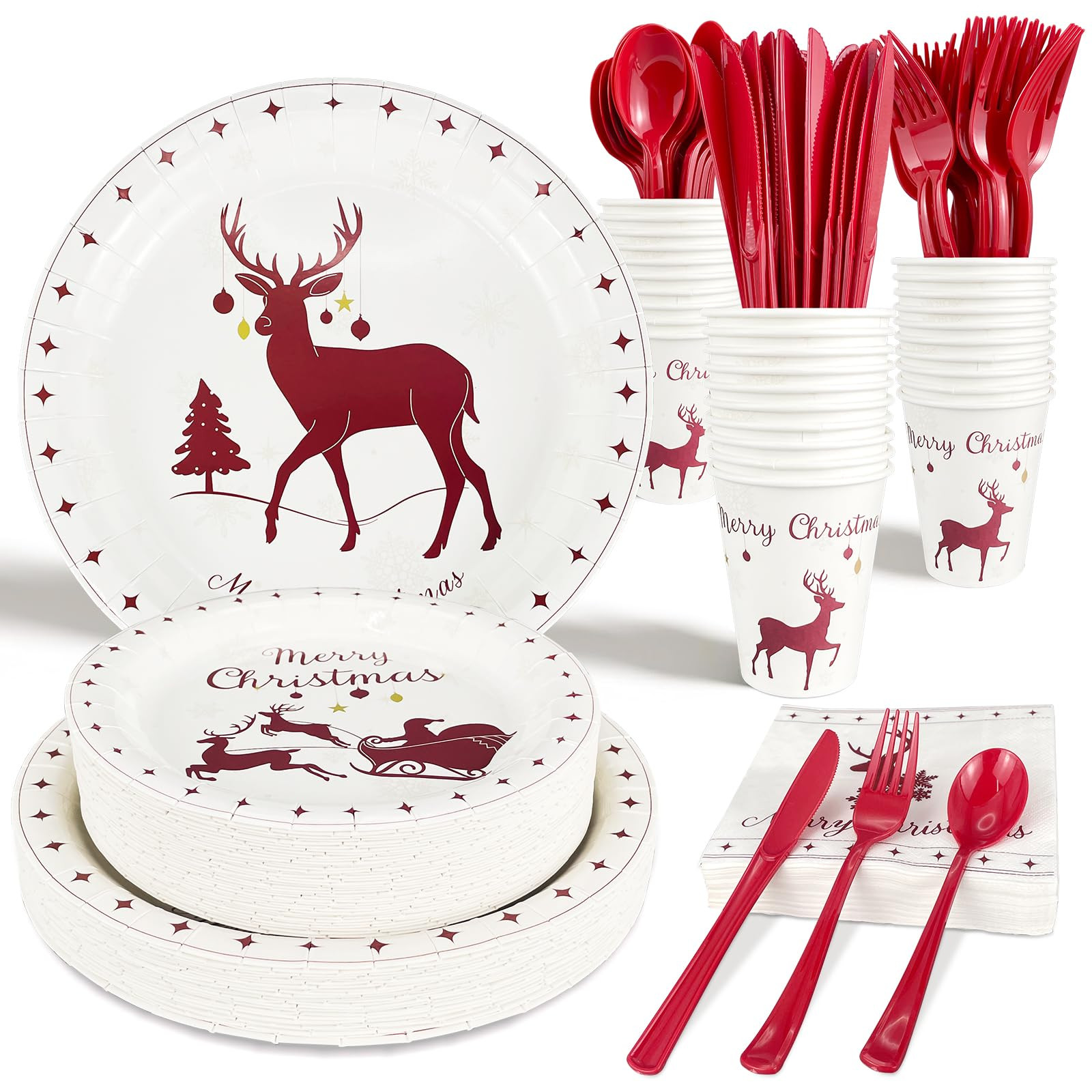 Christmas Plates and Napkins w/Cutlery & Cups, 50 Serve Reindeer Christmas Dinnerware Sets, Xmas ... | Amazon (US)