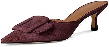 Kitten Heel Mules Sandals for Women Pointed Toe Square Buckle Backless Slip on Suede Stiletto Dre... | Amazon (US)