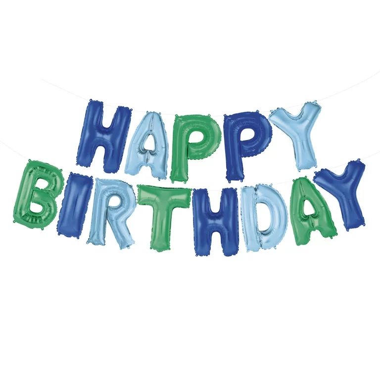 Way to Celebrate! Foil "Happy Birthday" Letter Balloon Banner Party Kit, Blue & Green | Walmart (US)