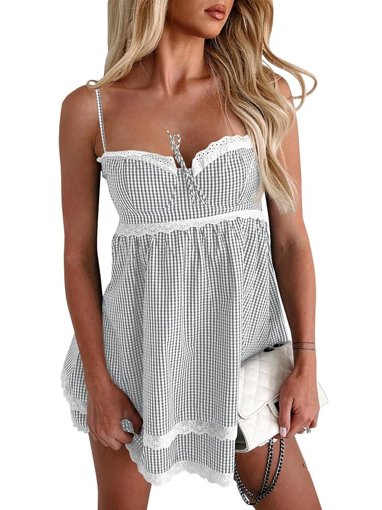 Wenrine Womens Summer Mini Dress Spaghetti Strap Sweetheart Y2K Plaid Lace Trim Tiered Beach Sund... | Amazon (US)