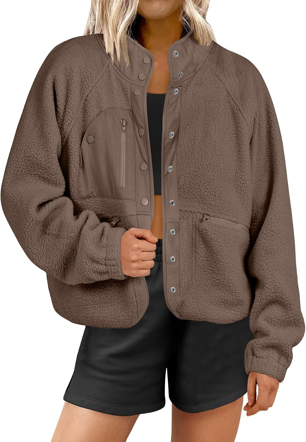 ANRABESS Womens Fuzzy Fleece Button Down Cropped Sherpa Coat | Amazon (US)