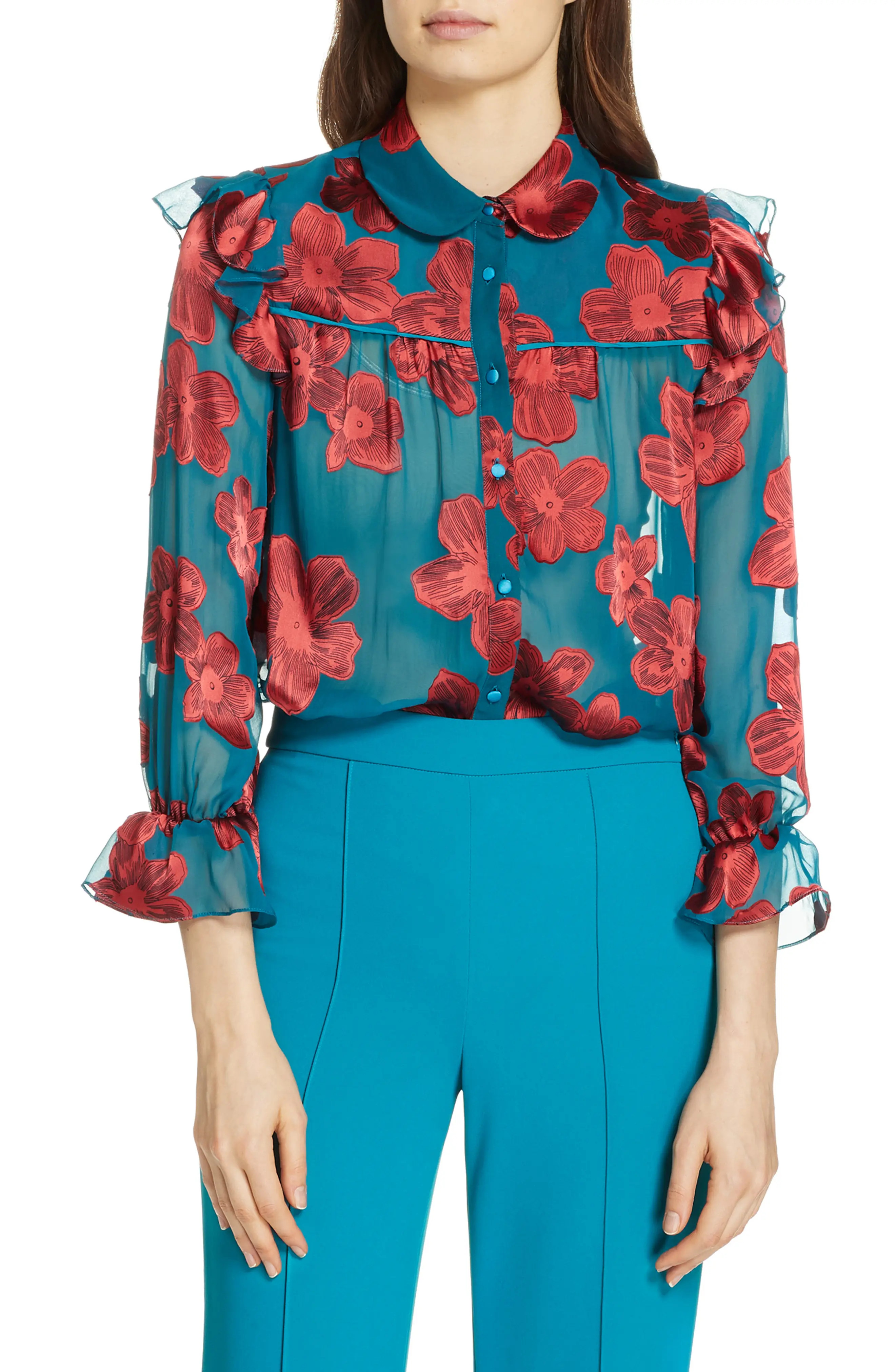 Women's Alice + Olivia Ziggy Ruffle Sleeve Blouse | Nordstrom