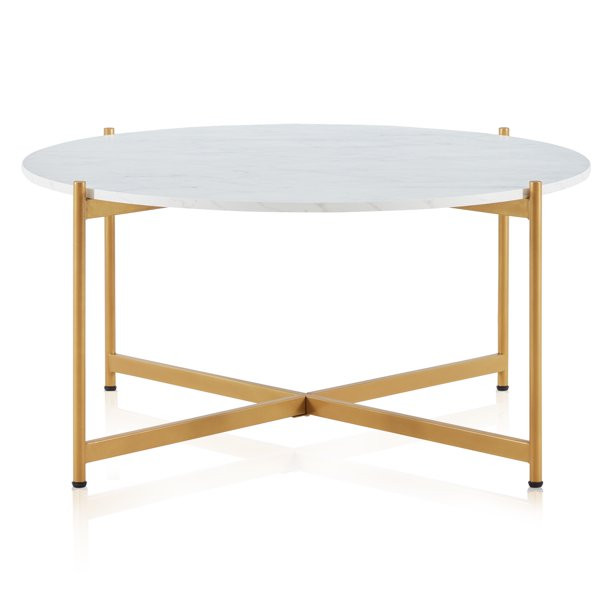 Belleze Beret Round Coffee Table Side Accent Table Home Decor Living Room, Marble/Gold | Walmart (US)