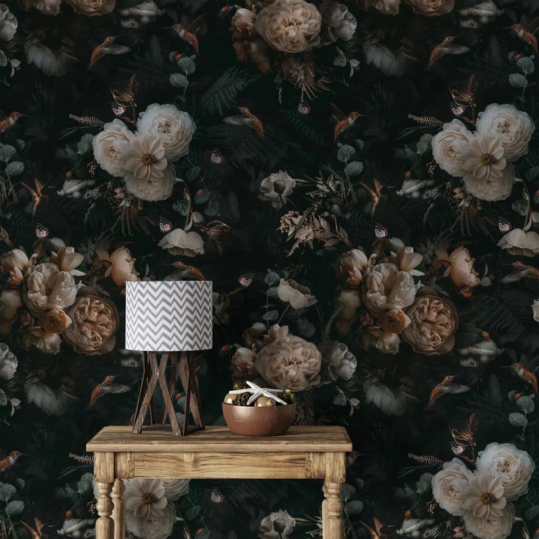 Peony Floral Large Wallpaper, Dark Floral Peel and Stick Wallpaper, Dark Botanical Wallpaper, Wal... | Etsy (US)
