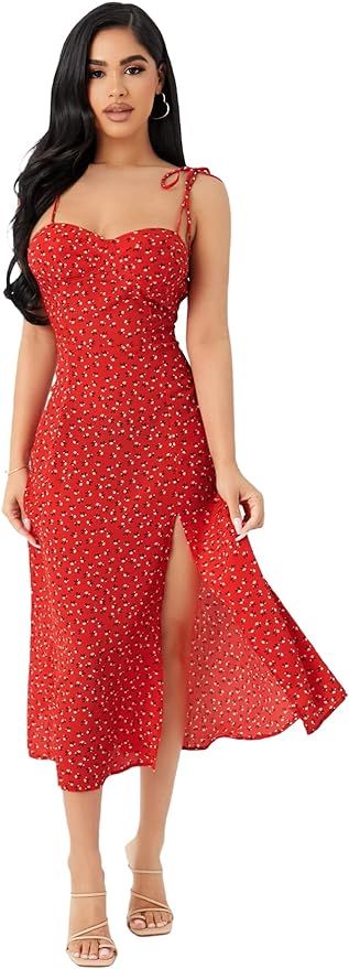 Floerns Women's Floral Print Tie Shoulder Split Hem Shirred Cami Midi Dress | Amazon (US)