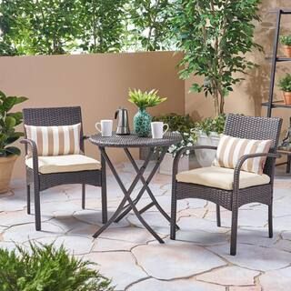 Multi-Brown 3-Piece Wicker Outdoor Bistro Set with Cream Cushion | The Home Depot