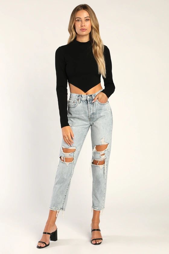 The Original Light Wash Distressed High Rise Cropped Mom Jeans | Lulus (US)