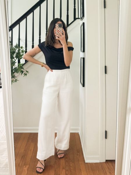 Casual chic spring outfit with linen pants off shoulder top and heeled sandals
Wearing size small on pants
Medium on top 
Sandals are very comfy and great heel height (2.13 inches) - runs tts

#LTKfindsunder100 #LTKfindsunder50 #LTKstyletip