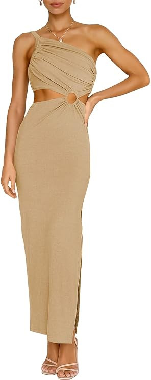 Caracilia Women's Summer Sexy One Shoulder Sleeveless Cut Out Backless Bodycon Ruched Side Slit F... | Amazon (US)