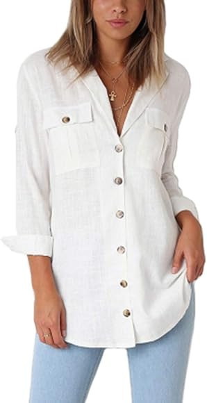 Roskiky Women's Long Sleeve Button Down Shirts Blouses Casual Roll Up Sleeve Top | Amazon (UK)