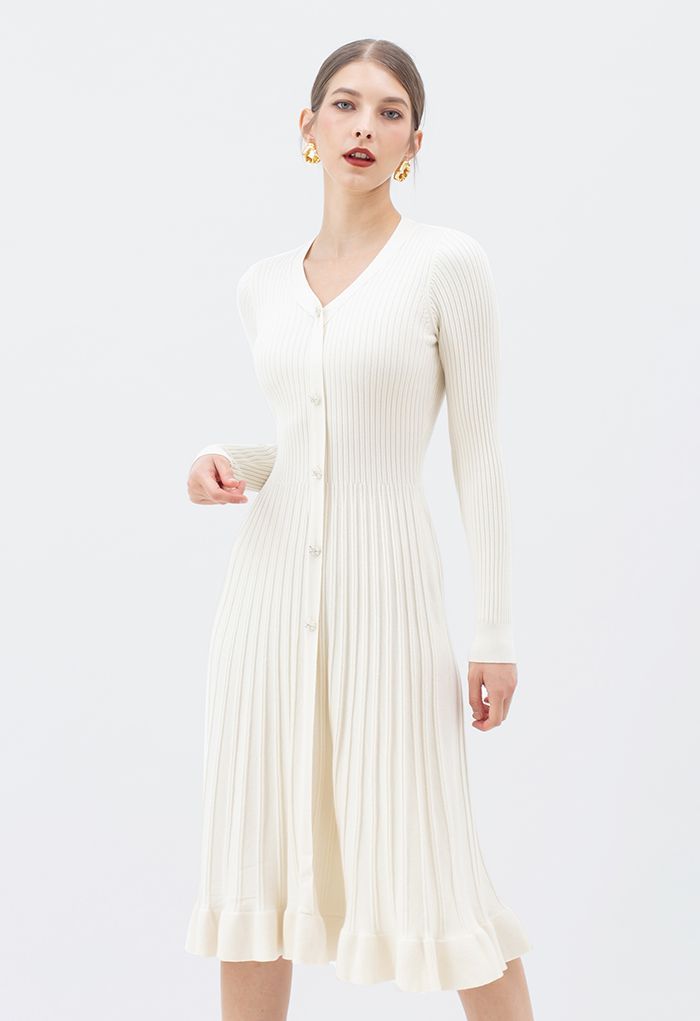Button Front Ribbed Knit A-line Midi Dress in Cream | Chicwish