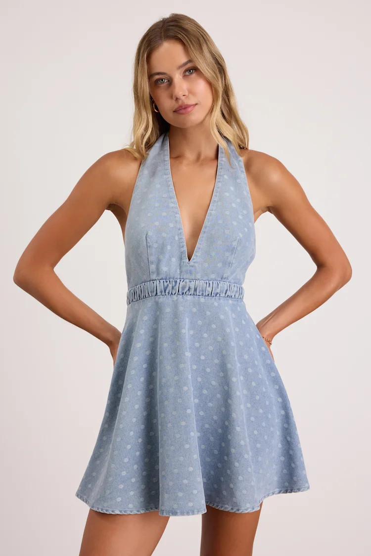 Neese Light Wash Polka Dot Denim Mini Dress | Blue Summer Dress | Lulus