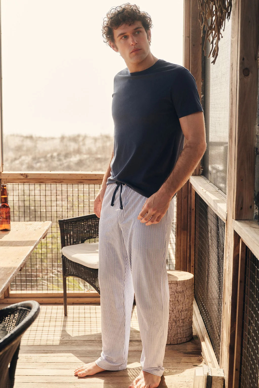 Men's Pima Sleep Short-Long Set in Navy Compass Stripe | Lake Pajamas